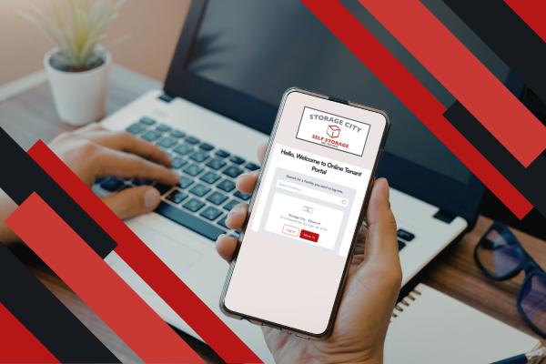 Person logging into Storage City account on cell phone - rent storage unit online with Storage City